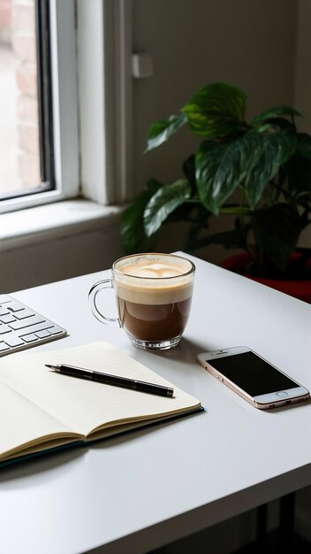 Close-up de uma chávena de café um caderno e caneta e um smartphone em uma mesa branca dentro de casa