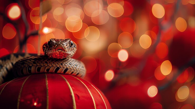 Foto close-up de uma cobra em um ornamento vermelho com luzes vermelhas borradas