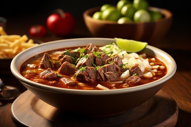 Foto close-up de uma colher de pozole pairando sobre uma tigela