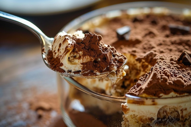 Close-up de uma colher de tiramisu delicioso