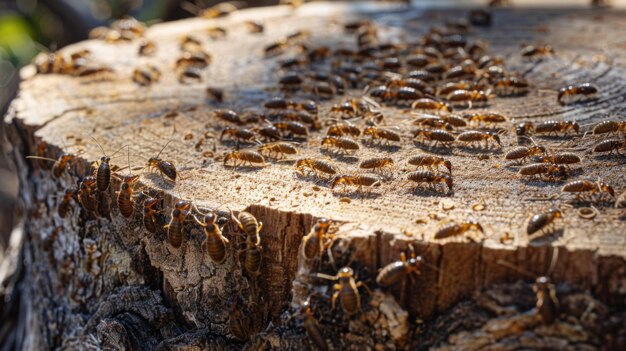 Foto close-up de uma colônia de cupins infestando um tronco de árvore em decomposição ilustrando o ciclo de decomposições