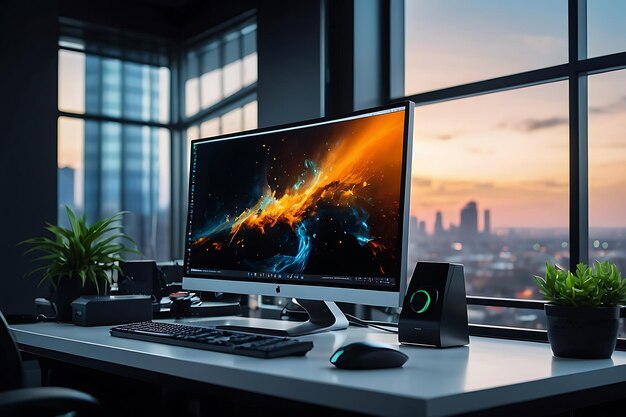 Foto close-up de uma configuração de desktop elegante com monitor ultra largo