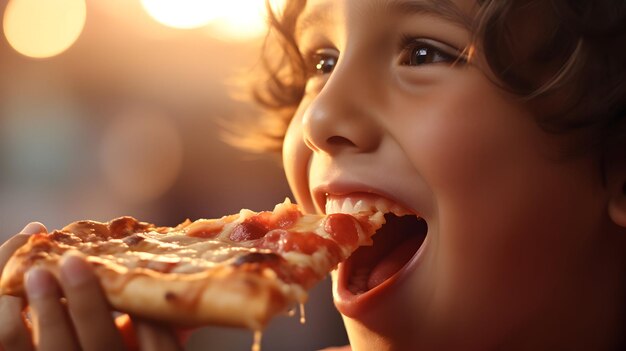 Close-up de uma criança desfrutando de uma fatia crocante de pizza pepperoni