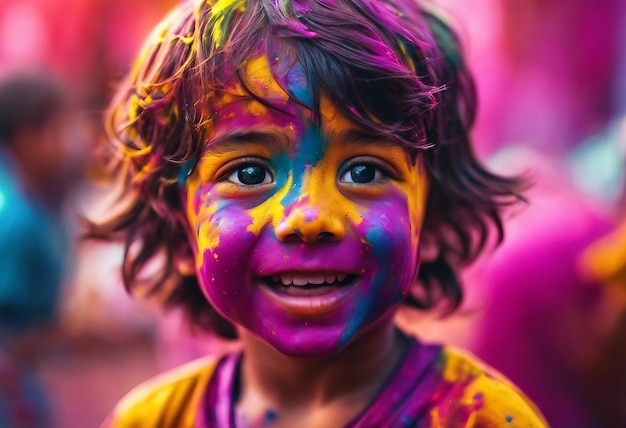 Close-up de uma criança jogando Holi na Índia