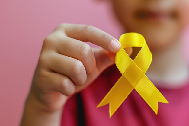 Close-up de uma criança segurando uma fita de conscientização amarela contra um fundo rosa
