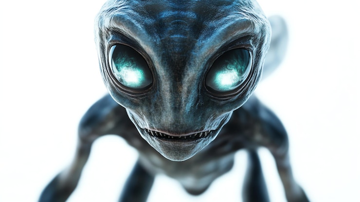 Foto close-up de uma criatura alienígena com olhos grandes e um sorriso dentado