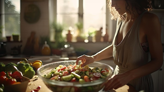 Close-up de uma dona de casa fazendo salada no balcão da cozinha