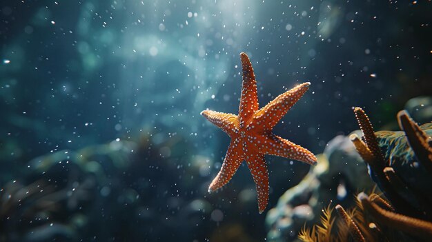 Close-up de uma estrela-do-mar no oceano azul profundo