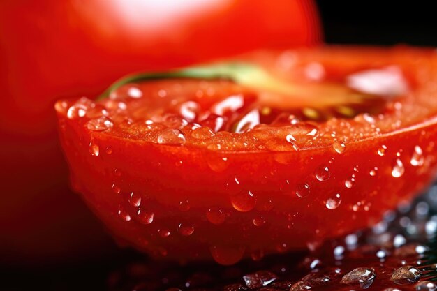 Close-up de uma faca de chef cortando um tomate maduro