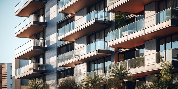 Close-up de uma fachada de edifício residencial moderno, design elegante, linhas limpas e materiais avançados, criando uma aparência contemporânea AI Generative AI