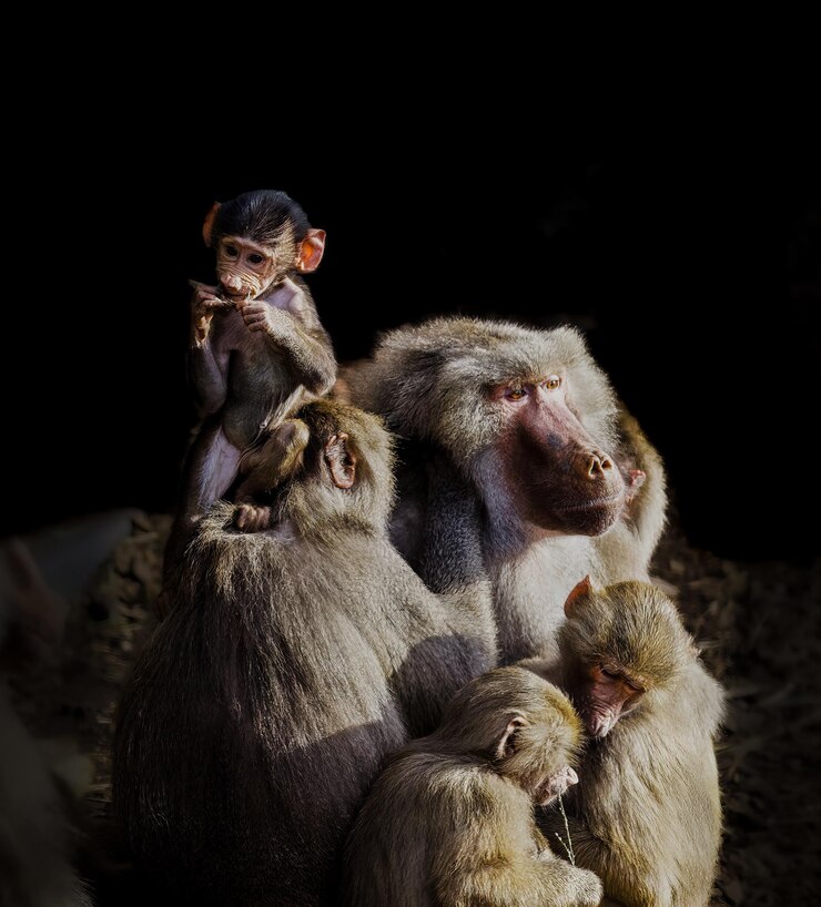 Foto close-up de uma família de babuínos com um jovem babuíno sentado na cabeça de outro
