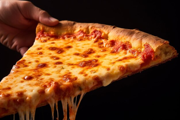 Foto close-up de uma fatia de pizza de queijo com uma ligeira salinha de sal marinho