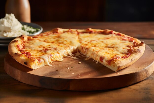 Foto close-up de uma fatia de pizza de queijo em um fundo escuro