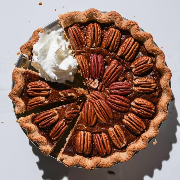 Foto close-up de uma fatia de torta de bourbon de pecan com creme batido