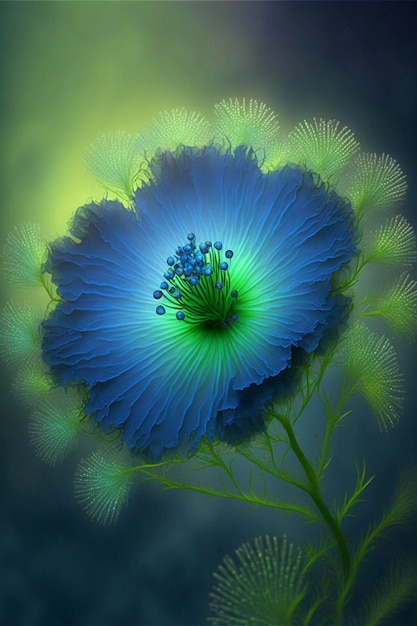 Close-up de uma flor azul com um centro verde generativo ai
