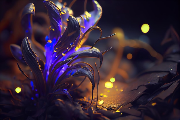 Close-up de uma flor de Bluebells neon surrealista, luz reverberante, cores vivas