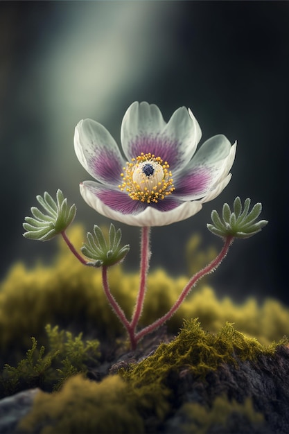 Close-up de uma flor em uma superfície musgosa generativa ai