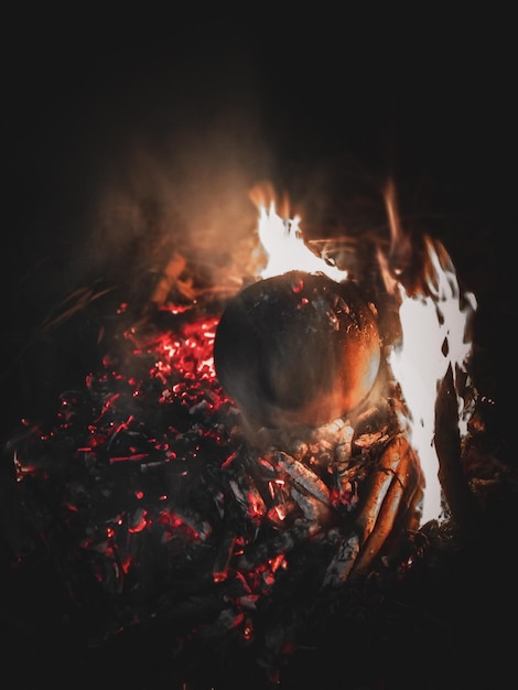 Foto close-up de uma fogueira à noite