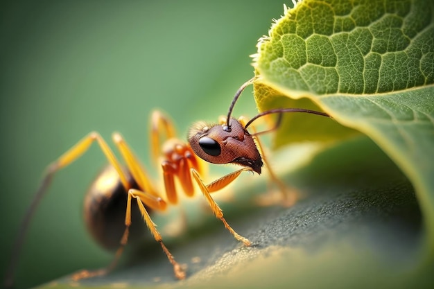 Close up de uma formiga comendo uma folha verde insetos e insetos generativos ai