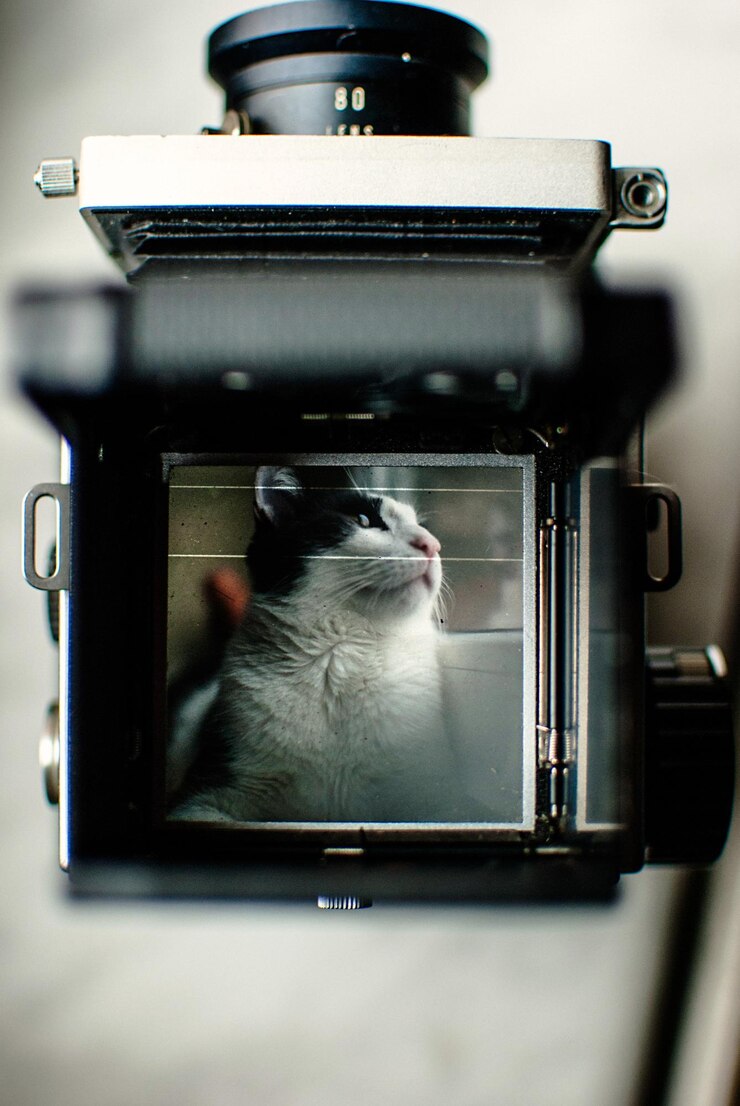 Foto close-up de uma fotografia de gato na câmera