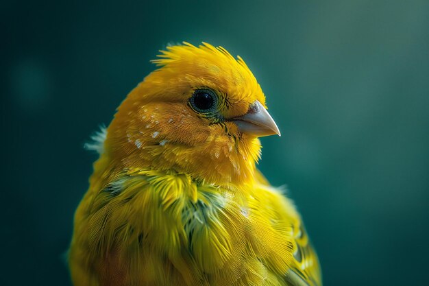 Foto close-up de uma fotografia macro de um canário amarelo isolado em um fundo verde escuro de alta resolução