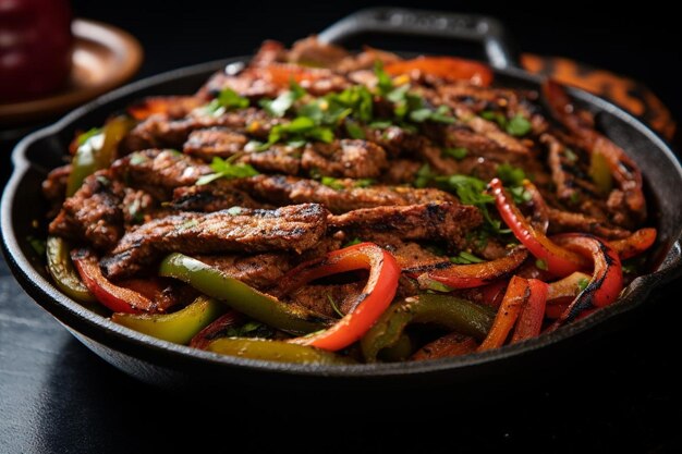 Close-up de uma frigideira de fajita com pimenta