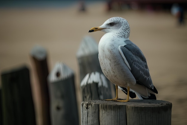 Close-up de uma gaivota sentada em um poste de madeira
