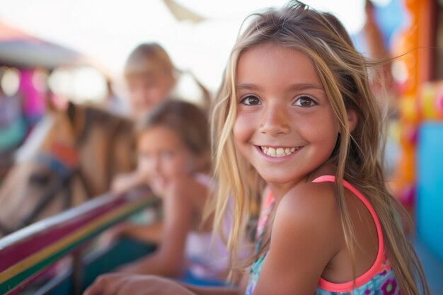 Close-up de uma garota radiante com amigos desfrutando de um passeio de pônei em uma feira ao ar livre ensolarada