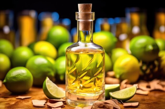 Foto close-up de uma garrafa de tequila recém-enchida