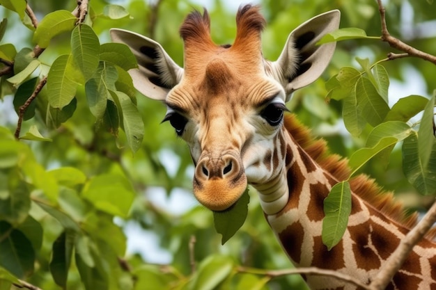 Close-up de uma girafa se alimentando de folhas de copa de árvore