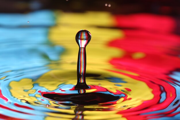 close-up de uma gota d'água caindo e impacto com um corpo d'água