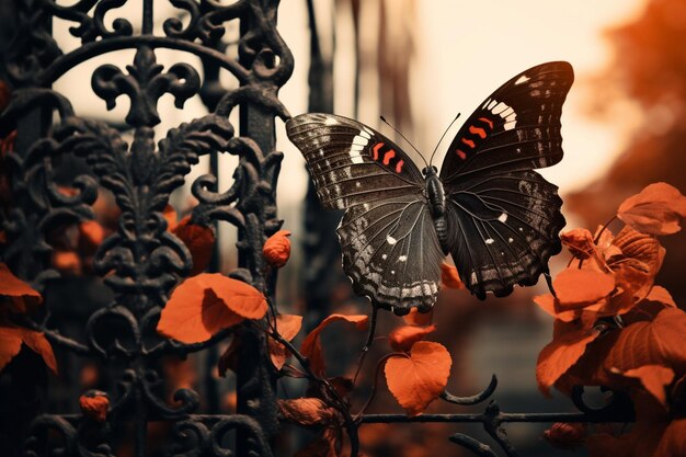 Foto close-up de uma interação de borboletas com um portão de jardim