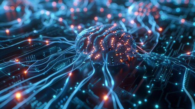 Close-up de uma interface cerebral de IA generativa, neurônios disparando em exibição holográfica simbolizando o processo de pensamento da AI