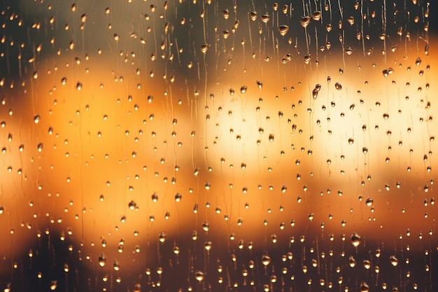 Close-up de uma janela em um dia chuvoso cinza com o vidro cheio de gotas de chuva caindo