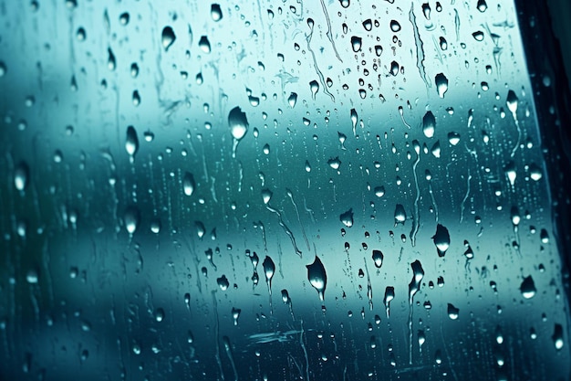 Close-up de uma janela em um dia chuvoso cinza com o vidro cheio de gotas de chuva caindo