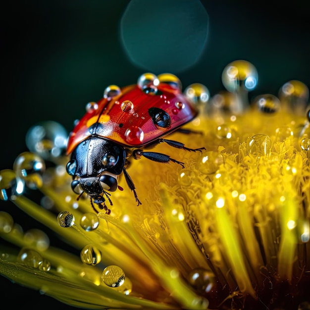 Foto close-up de uma joaninha na flor