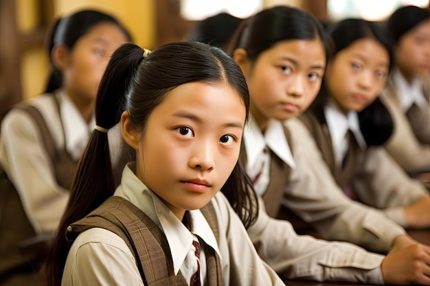 Close-up de uma jovem asiática em uma classe escolar