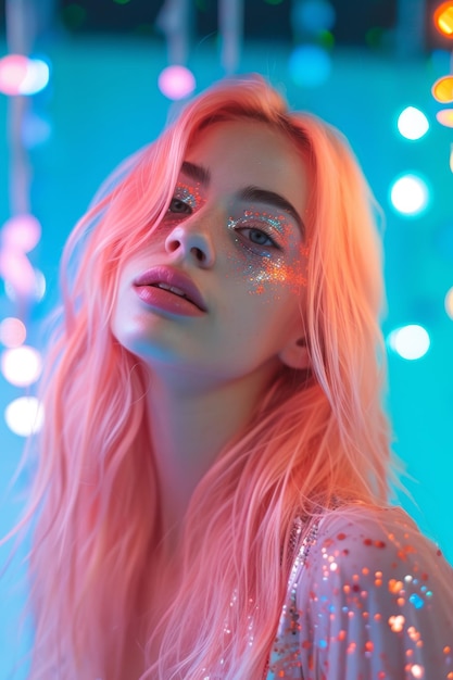 Close-up de uma jovem bonita com maquiagem brilhante e cabelo rosa vibrante