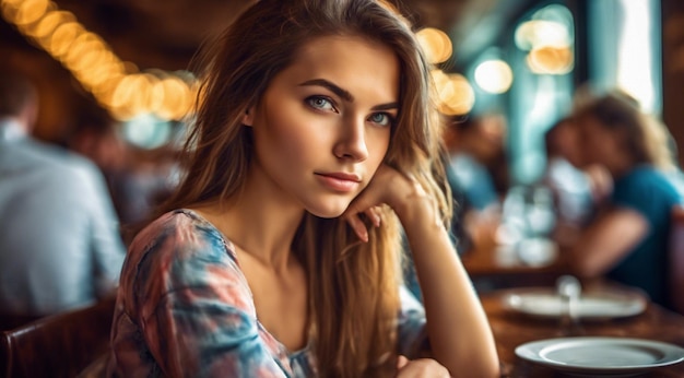 Foto close-up de uma jovem bonita sentada no restaurante mulher no fundo do café mulher no café