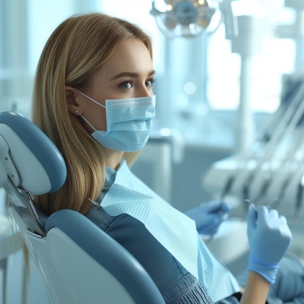 Close-up de uma jovem com cabelos loiros sentada em uma cadeira de dentista usando uma máscara