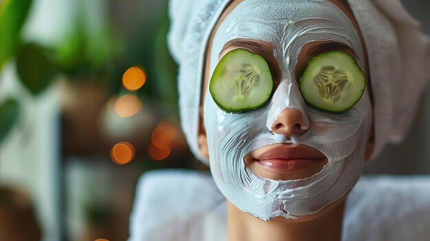 Foto close-up de uma jovem com uma máscara facial em seu rosto e fatias de pepino sobre seus olhos relaxando em casa