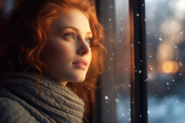 Close-up de uma jovem contemplando uma cena de inverno de sua janela