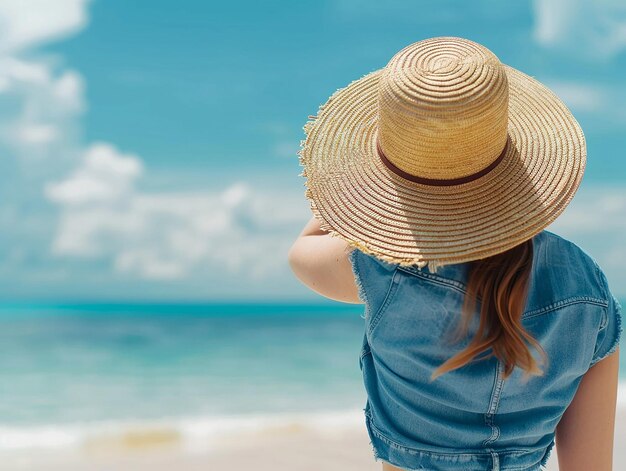 Foto close-up de uma jovem de chapéu de palha na praia em um dia ensolarado