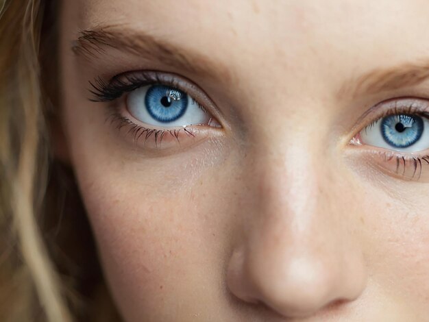 Foto close-up de uma jovem de olhos azuis olhando para a câmera