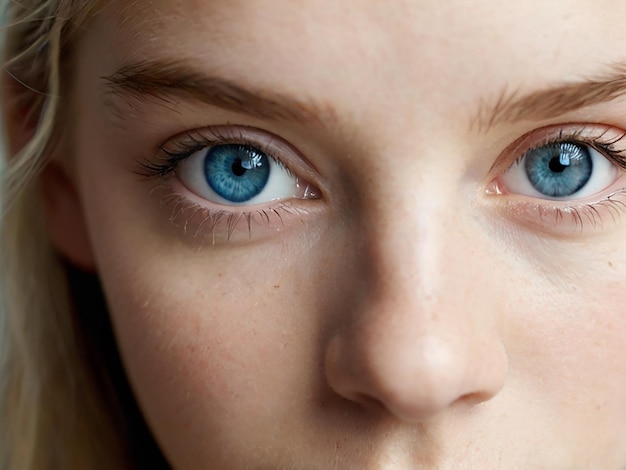 Close-up de uma jovem de olhos azuis olhando para a câmera