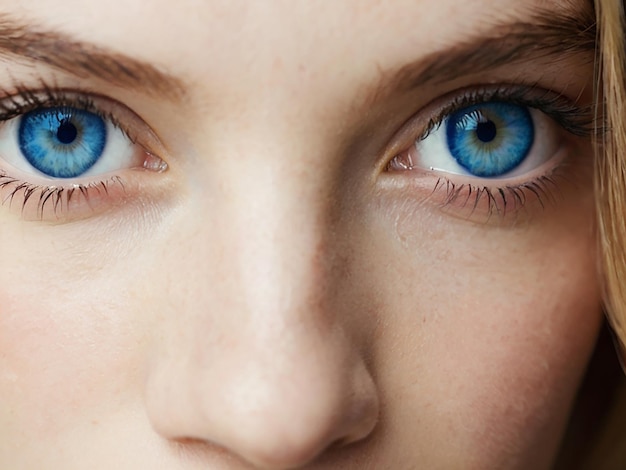 Close-up de uma jovem de olhos azuis olhando para a câmera