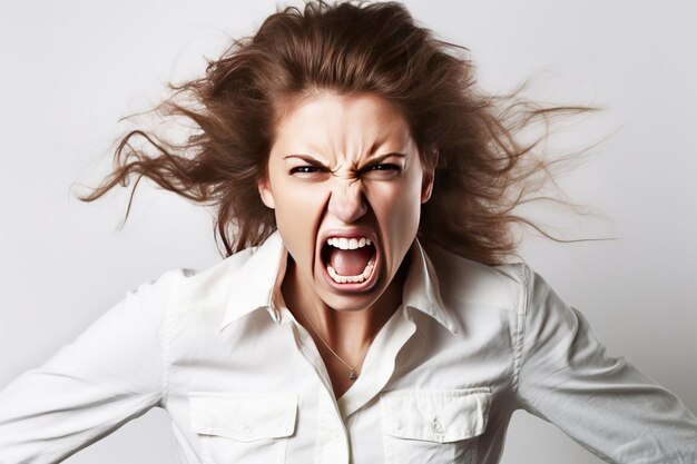 Close-up de uma jovem gritando com raiva em um escândalo isolado de fundo branco