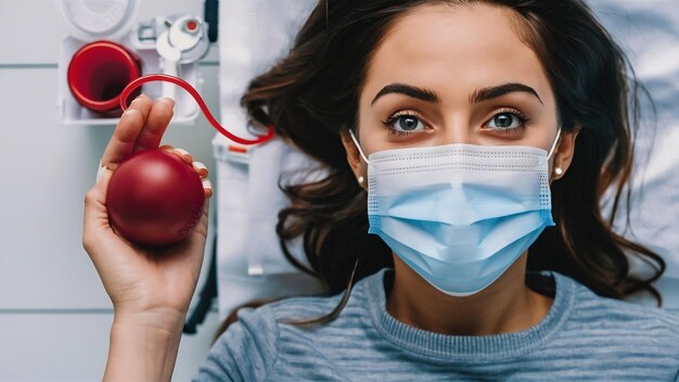 Foto close-up de uma jovem irreconhecível doando sangue e segurando uma bola vermelha para copiar o espaço