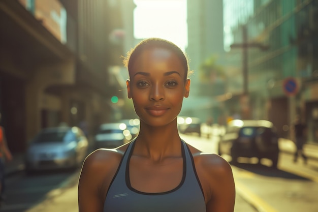 Close-up de uma jovem mulher africana atlética em trajes de fitness procurando uma jovem africana confiante em trajetórias de fitness de pé com confiança em uma rua movimentada da cidade banhada no caloroso brilho do pôr-do-sol