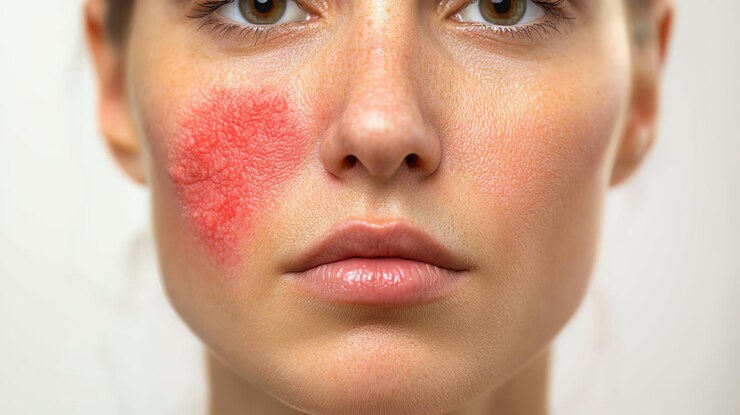 Foto close-up de uma jovem mulher com maquiagem artística com um rubor vermelho vibrante em sua bochecha mostrando beleza natural e criatividade